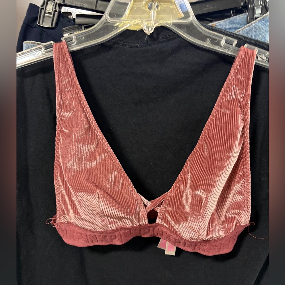 Victoria’s Secret PINK Velvet Ribbed Unlined Plunge Bralette Size S Chalk Rose